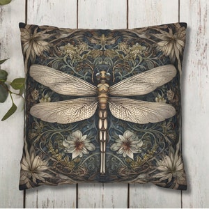 Dragonfly Pillow Cover, William Morris-Inspired Throw Pillow Cover, Floral Pillowcase, Art Nouveau Style Home Decor, Decorative Pillow Cover