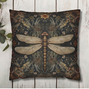 Dragonfly Pillow Cover, William Morris-Inspired Throw Pillow Cover, Floral Pillowcase, Art Nouveau Style Home Decor, Decorative Pillow Cover