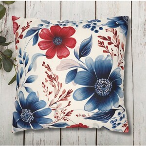 Floral Patriotic Pillow Cover, Summer Throw Pillow Case, Patriotic Pillowcase, Floral Home Decor, July 4th Decor, Fourth of July, Sofa Decor