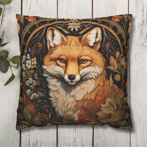 Fox Pillow Cover, William Morris-Inspired Throw Pillow Cover, Cottagecore Pillowcase, Art Nouveau Decor, Woodland Theme Floral Pillow Cover