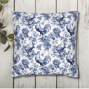 Vintage Toile De Jouy Pillow Cover, Blue Chinoiserie Pillowcase, French Country Decor, Chicken Toile Cushion Cover, Sofa Throw Pillow Case