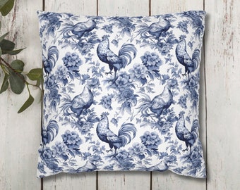 Vintage Toile De Jouy Pillow Cover, Blue Chinoiserie Pillowcase, French Country Decor, Chicken Toile Cushion Cover, Sofa Throw Pillow Case