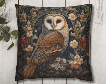 Owl Pillow Cover, William Morris-Inspired Throw Pillow Cover, Cottagecore Pillowcase, Woodland Theme Home Decor, Decorative Pillow Cover