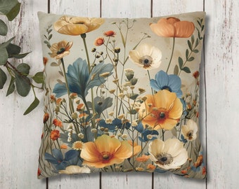 Watercolor Wildflowers Pillow Cover, Throw Pillow Cover,  Floral Pillowcase, Garden Flowers Home Decor, Vintage Boho Wildflowers Decor