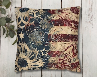 Vintage July 4th Pillow Cover, Fourth of July Throw Pillow Case, Patriotic Pillowcase, Rustic Home Decor, Americana Decor, Sofa Decor
