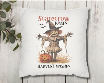 Scarecrow Pillow Cover, Fall Pillowcase, Vintage Scarecrow Pillow Case, Scarecrow Kisses, Harvest Wishes, Thanksgiving Decor, Fall Decor