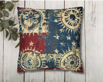 Vintage July 4th Pillow Cover, Fourth of July Throw Pillow Case, Patriotic Pillowcase, Rustic Home Decor, Americana Decor, Sofa Decor