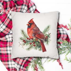 Red Cardinal Pillow Cover, Farmhouse Christmas Pillowcase, Winter Bird Pillow Case, Floral Bird Christmas Home Decor, Rustic Christmas Decor