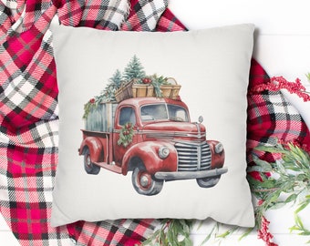 May include: A red vintage truck with a wooden bed carrying a Christmas tree and ornaments. The truck is on a white background.