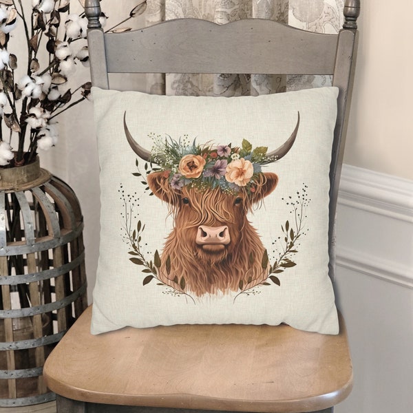 Highland Cow Pillow Cover, Farmhouse Pillow Case, Farm Animal Pillowcase, Home Decor, Country Home Decor, Rustic Home Decor, Boho Cow Decor