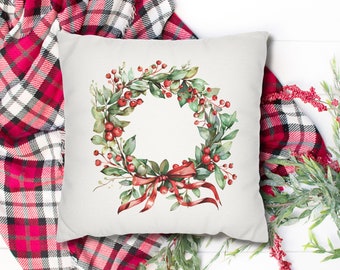 Vintage Christmas Wreath Pillow Cover, Winter Berry Pillowcase, Winter Home Decor, Holiday Pillow Case, Vintage Farmhouse Christmas Decor