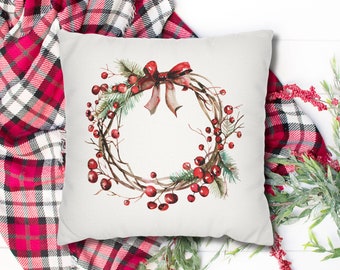 Vintage Christmas Wreath Pillow Cover, Winter Berry Pillowcase, Winter Home Decor, Holiday Pillow Case, Vintage Farmhouse Christmas Decor