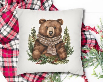 Christmas Bear Pillow Cover, Farmhouse Christmas Pillowcase, Winter Bear Christmas Pillow Case, Christmas Home Decor, Woodland Pillow Cover