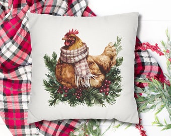 Farmhouse Rooster Pillow Cover - 16x16 Linen, Black & White Rustic Decor