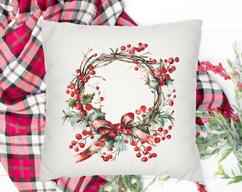 Vintage Christmas Wreath Pillow Cover, Winter Berry Pillowcase, Winter Home Decor, Holiday Pillow Case, Vintage Farmhouse Christmas Decor