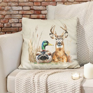 Deer and Duck Pillow Cover, Deer Hunter gift, Duck Hunter Gift, Cabin Decor, Wildlife Pillowcase, Rustic Home Decor, Woodland Decor