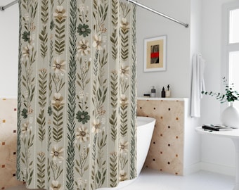 Boho Shower Curtain, Floral Shower Curtain, Fabric Shower Curtain, Botanical Bathroom Decor, Sage Green Shower Curtain, Boho Bathroom Decor