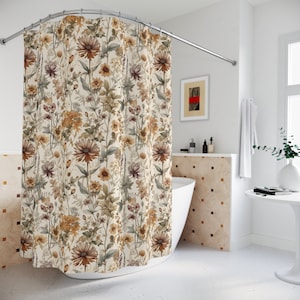 Boho Wildflowers Shower Curtain, Floral Shower Curtain, Fabric Shower Curtain, Cottagecore Bath Decor, Botanical Bathroom Decor,  Home Decor