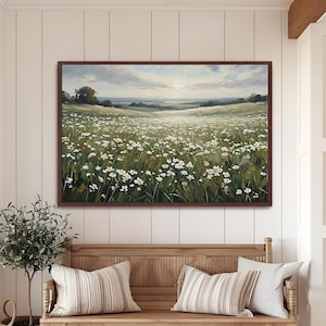 Wildflower Field Framed Canvas Wall Art, Wildflower Landscape Floral Print for Cottage or Farmhouse Decor, Botanical Framed Artwork, 020