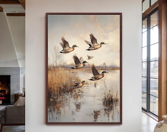 Mallard Ducks in Flight Framed Canvas Wall Art, Nature & Wildlife Print on Canvas for Cabin, Lodge or Farmhouse Decor, Duck Hunter Gift, 029