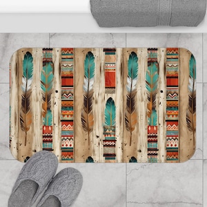 Boho Western Bath Mat, Memory Foam Bath Mat, Aztec Print Bath Rug, Bathroom Accessories, Boho Feathers, Boho Home Decor, Boho Bath Decor