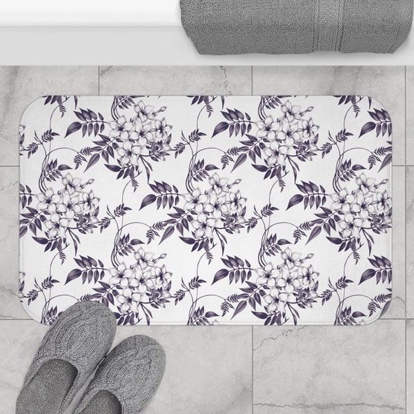 Gray Floral Bath Mat, Botanical Bathroom Rug, Gray Bathroom Decor, Memory Foam Mat, Rustic Flowers Shower Mat, Cottagecore Bathroom Decor