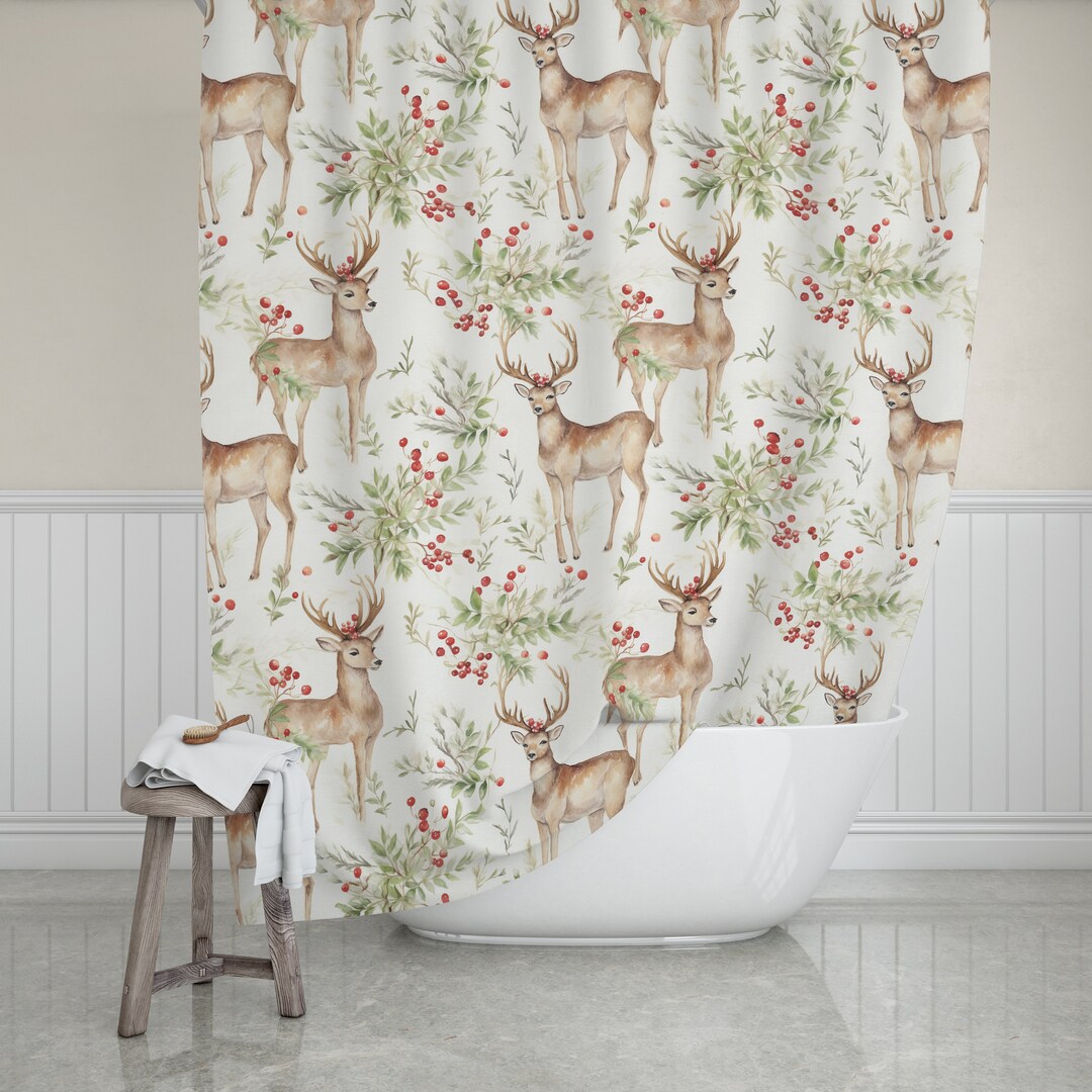 Christmas Reindeer Shower Curtain Christmas Bath Curtain Etsy