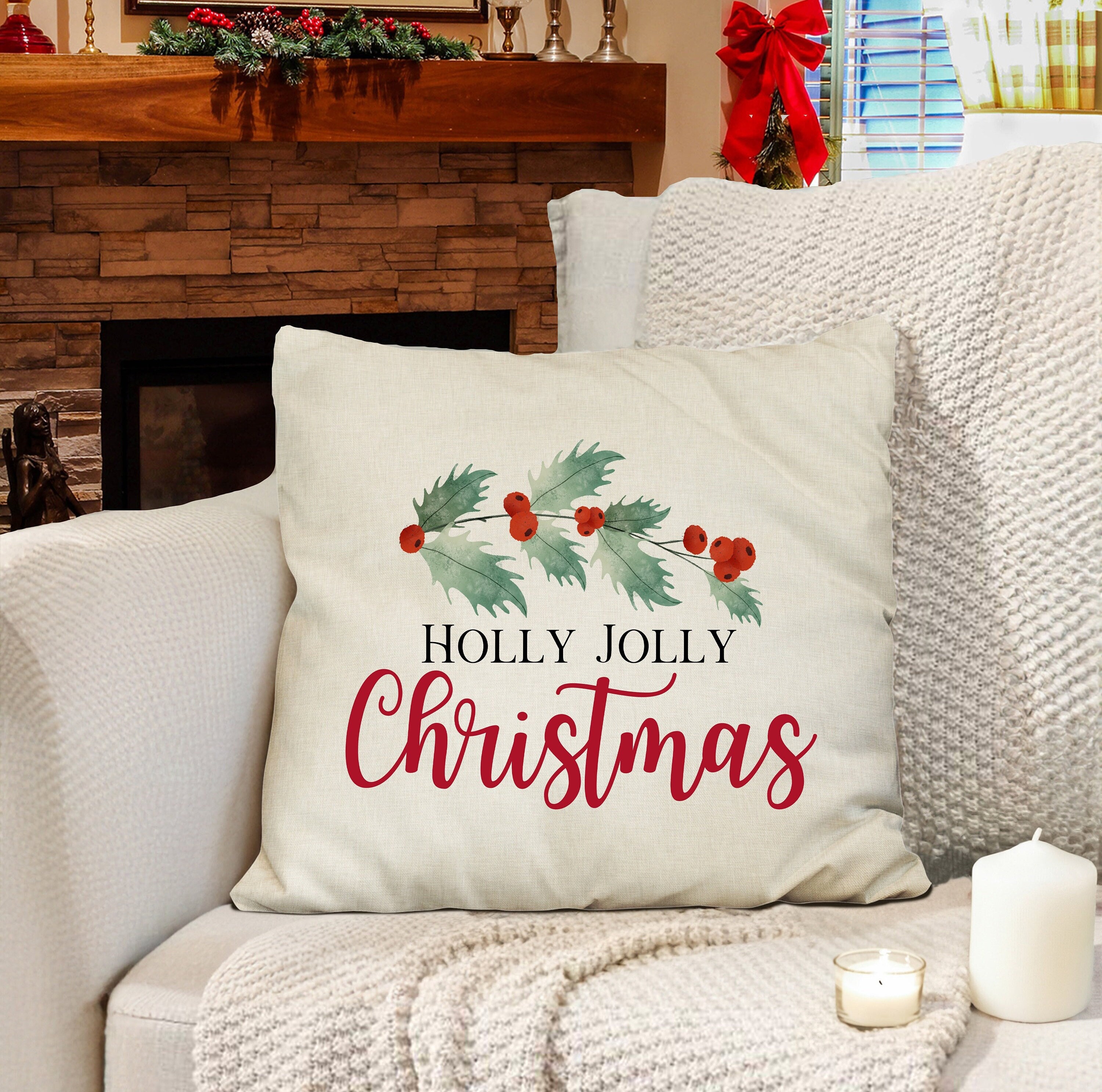 Holly and Berries Hand-Hooked Wool Throw Pillow on Red Background