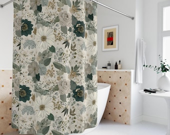 Boho Shower Curtain, Floral Shower Curtain, Fabric Shower Curtain, Botanical Bathroom Decor, Sage Green Shower Curtain, Boho Bathroom Decor