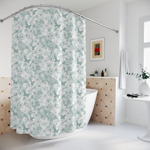 Vintage Birds Shower Curtain, Green Toile, Cottagecore Bath Curtain, Botanical Forest Floral Spring Bath, French Country Farmhouse Decor