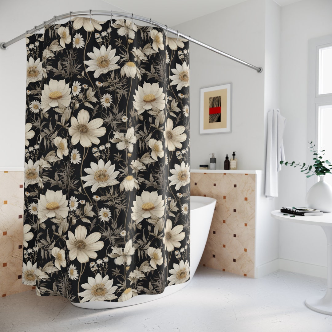 Moody Dark Cottagecore Shower Curtain, Fabric Shower Curtain, Botanical