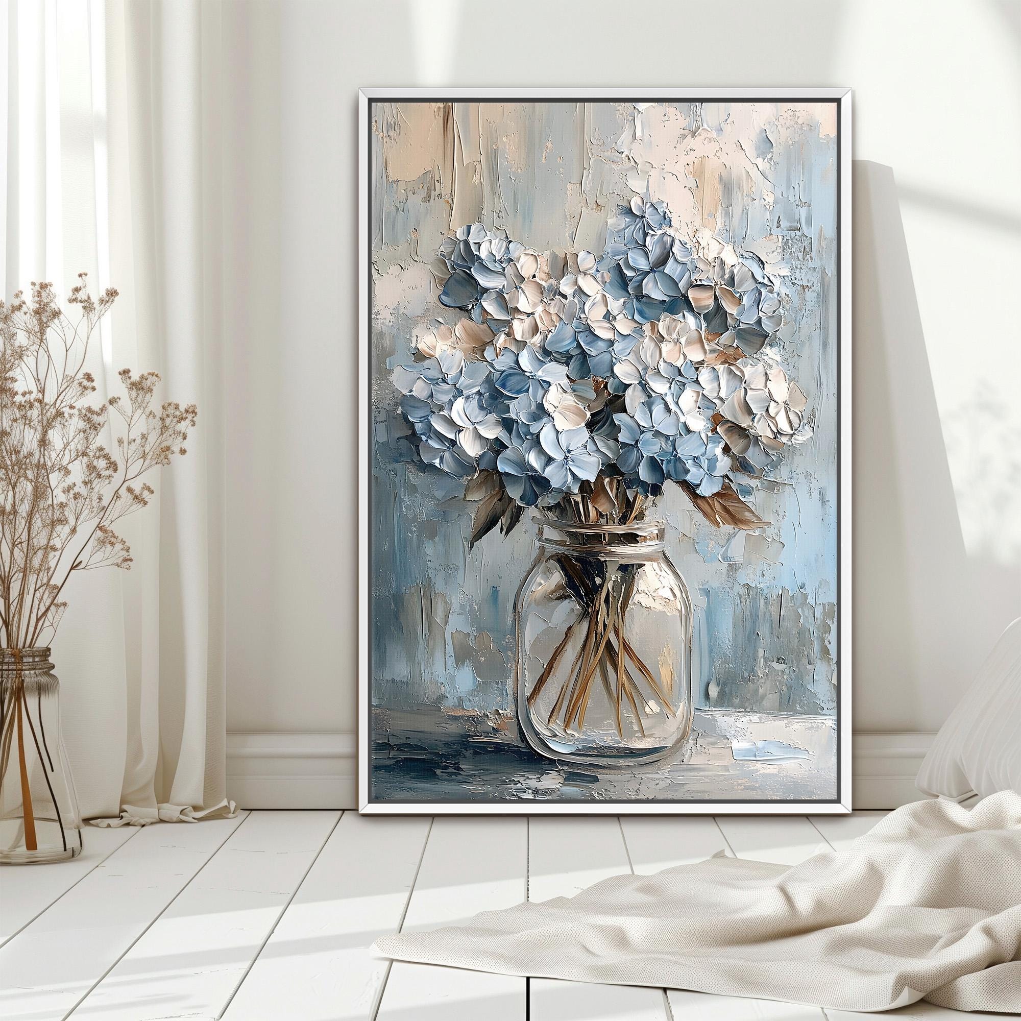 Blue Hydrangea Framed Canvas Wall Art, Botanical Floral Wall Art ...