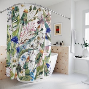 Watercolor Wildflowers Shower Curtain, Floral Bath Curtain, Fabric Shower Curtain, Cottagecore Bath Decor, Bathroom Accessories, Boho Decor