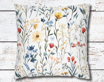 Floral Pillow Cover, Watercolor Wildflowers Pillowcase, Spring and Summer Home Decor, Farmhouse Decor, Floral Decorative Throw Pillow Cover