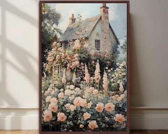 Spring Garden Framed Canvas Wall Art, French Country Cottage Canvas Print, Vintage Floral Landscape Canvas Art, Botanical Home Decor, 063