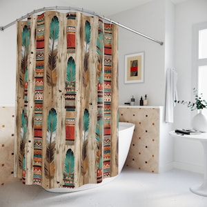 Boho Western Shower Curtain, Fabric Shower Curtain, Western Shower Curtain, Bathroom Accessories, Home Decor, Boho Feathers, Aztec Print