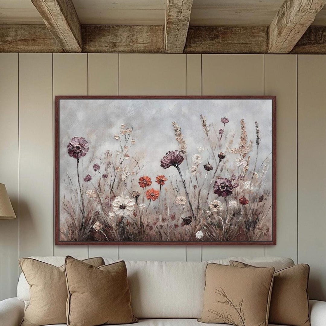 Wildflower Field Framed Canvas Wall Art, Abstract Botanical Landscape ...