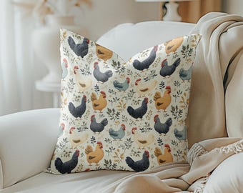 Chicken Pillow Cover, Whimsical Chickens Pillowcase, Farmhouse Decor, Decorative Throw Pillow Cover, Square Pillow Cover, Chicken Lover Gift