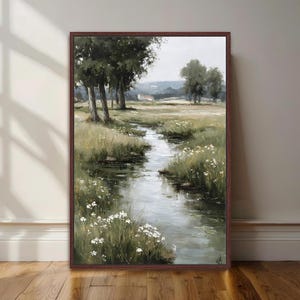 Countryside Stream Framed Canvas Wall Art, Vintage Landscape Print on Canvas, Cottagecore Meadow Artwork, Farmhouse Wall Decor, 189