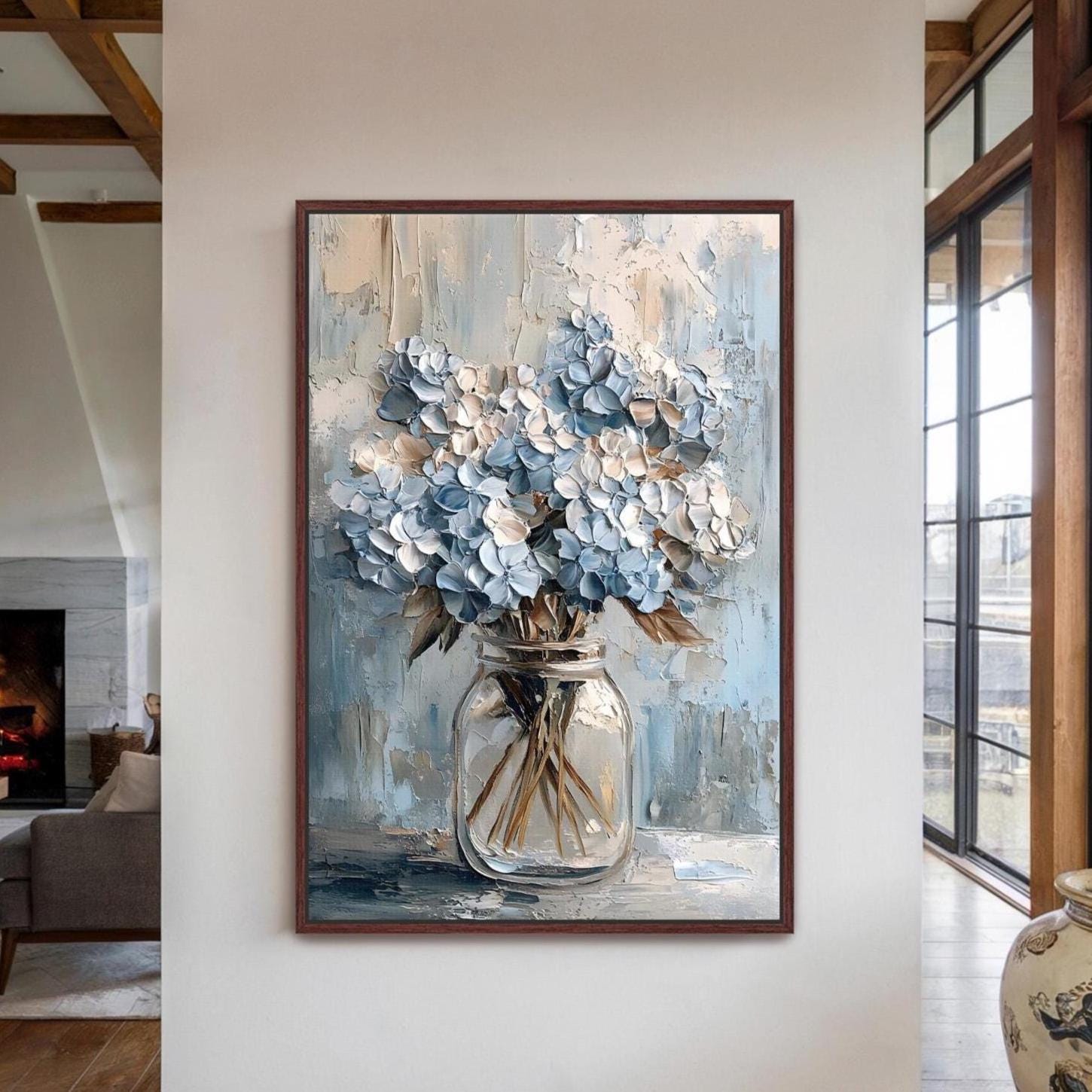 Blue Hydrangea Framed Canvas Wall Art, Botanical Floral Wall Art ...