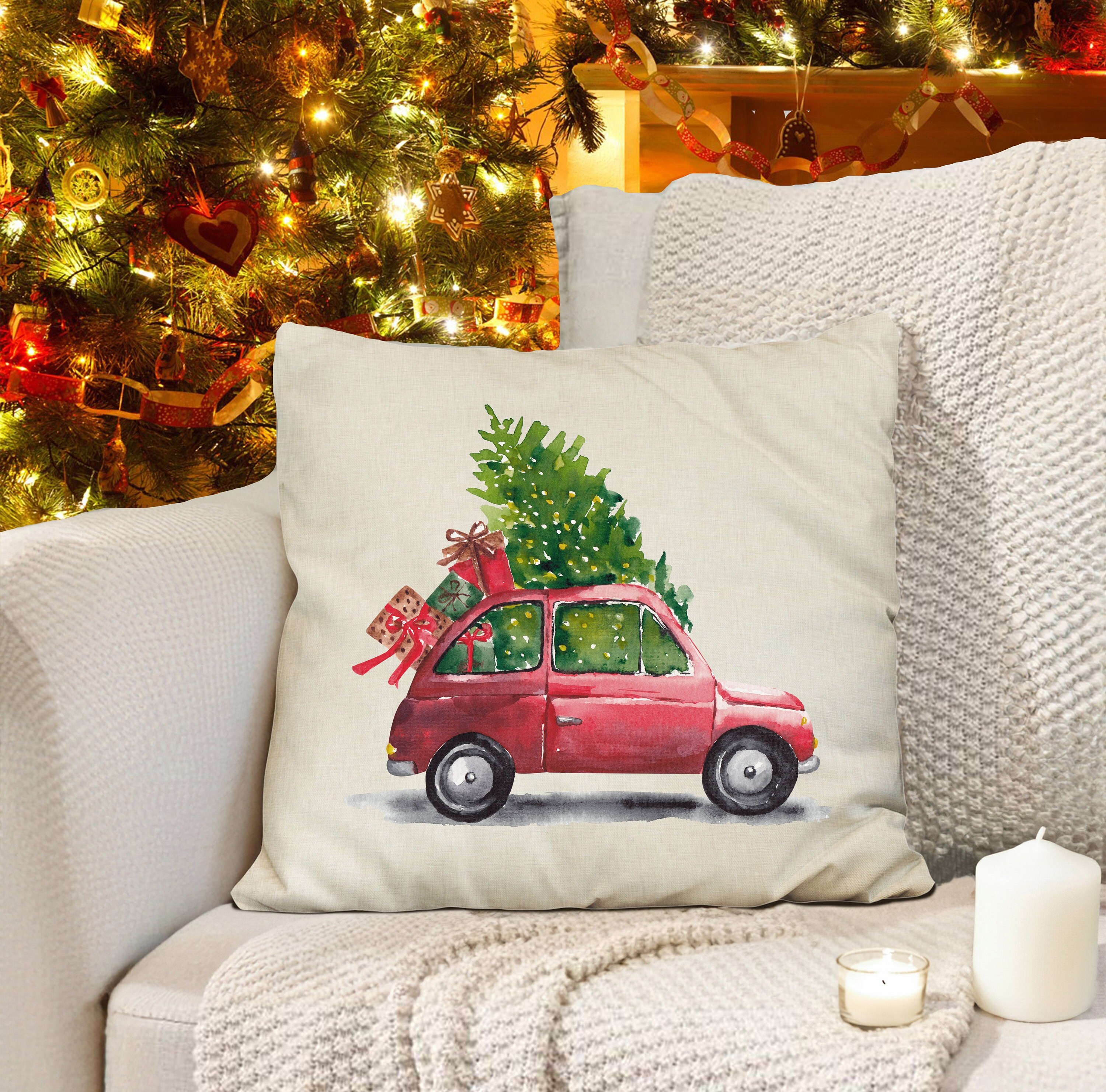 CARRIE HOME Vintage Christmas Red Truck Green Tree Throw Pillow Covers  20x20 Set of 2 Outdoor Christmas Pillows for Sofa Couch Farmhouse Christmas