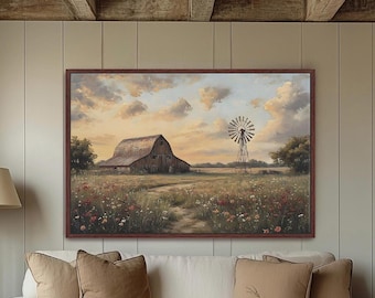 Rustic Barn Framed Canvas Wall Art, Wall Art Canvas, Country Home Decor, Modern Farmhouse Decor, Country Landscape with Barn & Windmill, 001