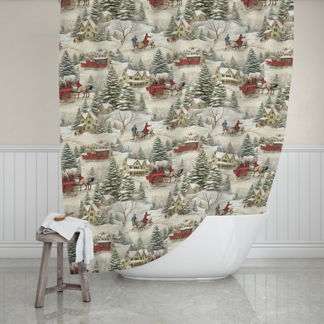 Vintage Christmas Shower Curtain Christmas Bath Curtain Etsy