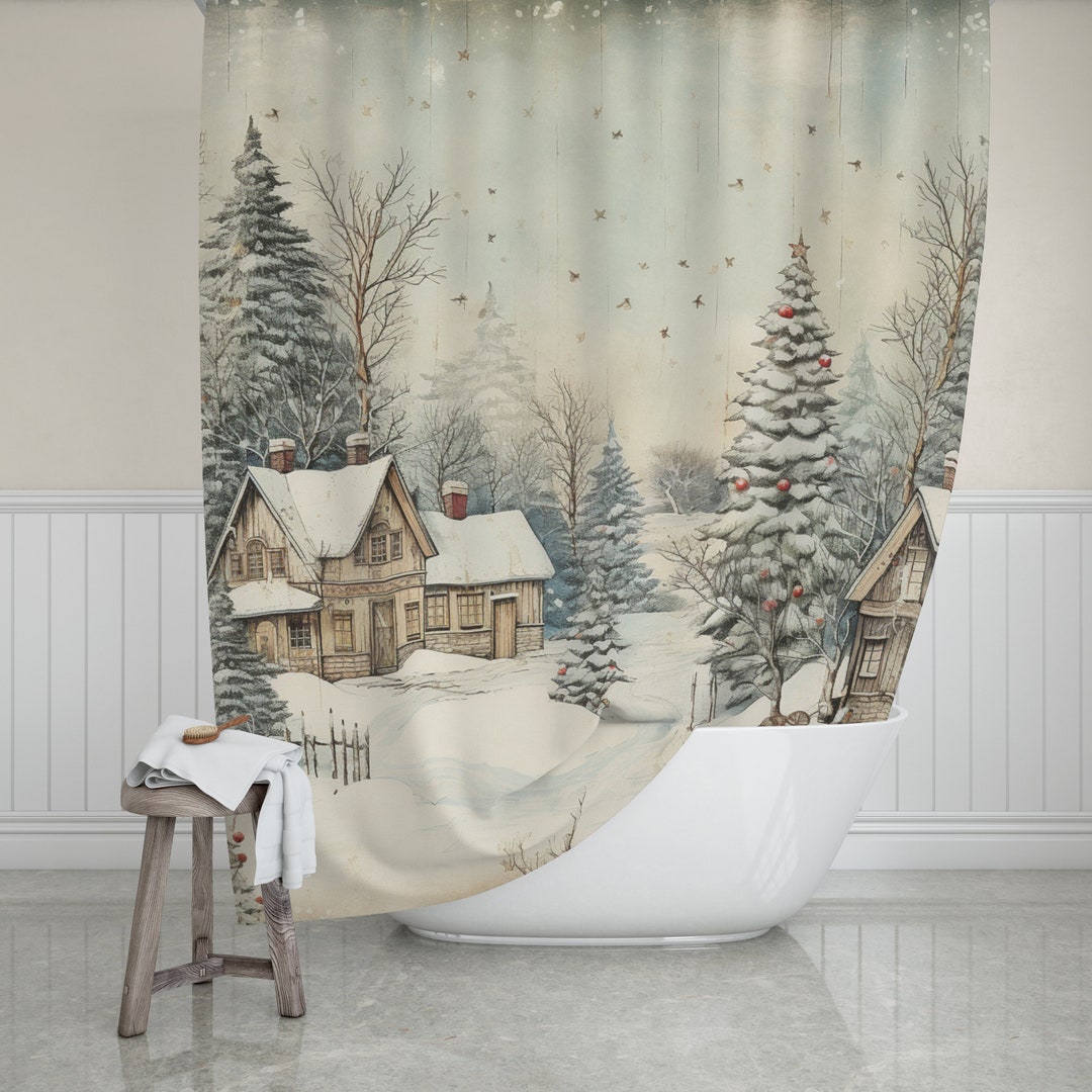 Christmas Shower Curtain, Vintage Christmas Bath Curtain, Fabric Shower Curtain, Farmhouse Bath