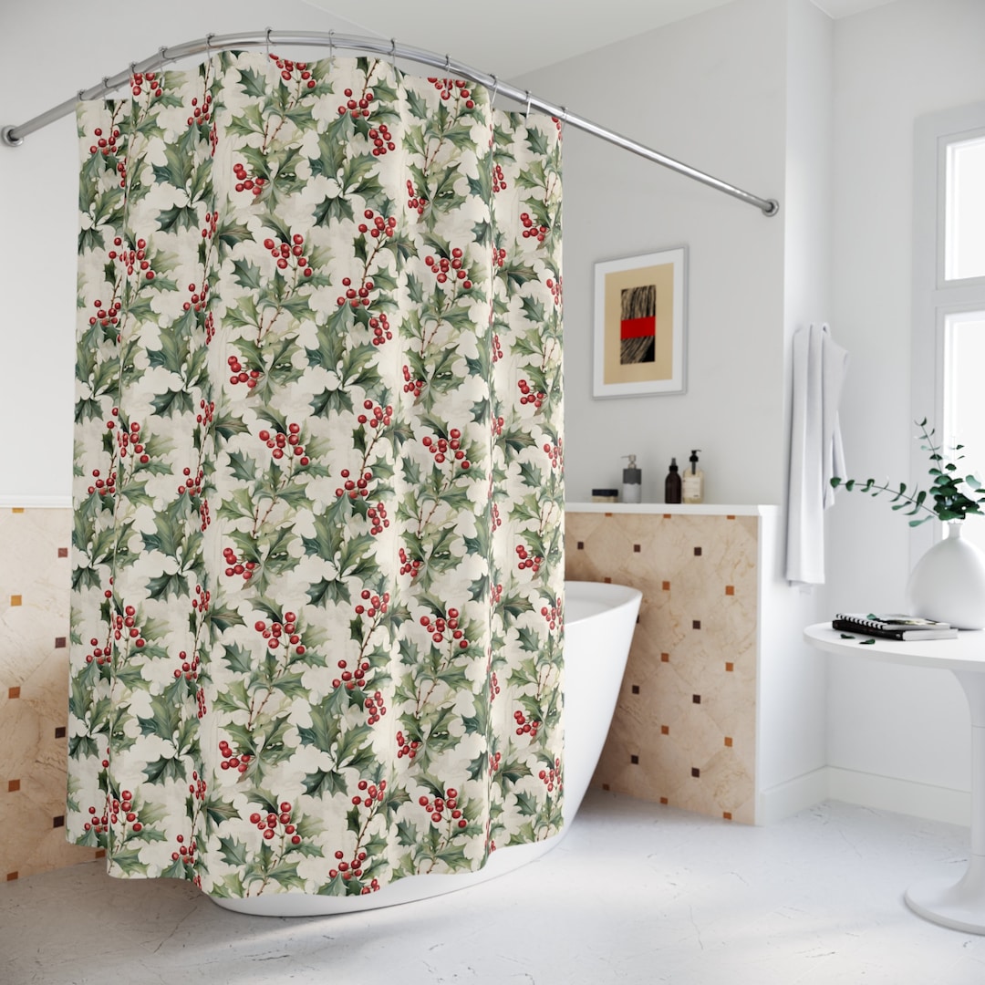 Christmas Holly Shower Curtain, Christmas Bath Curtain, Fabric Shower