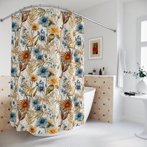 Boho Wildflowers Shower Curtain, Floral Shower Curtain, Fabric Shower Curtain, Cottagecore Bath Decor, Botanical Bathroom Decor,  Home Decor