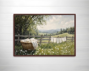 Framed Canvas Laundry Day Wall Art, Rustic Farmhouse Landscape Canvas, Countryside Meadow Print, Cozy Cottagecore Wall Decor, 006