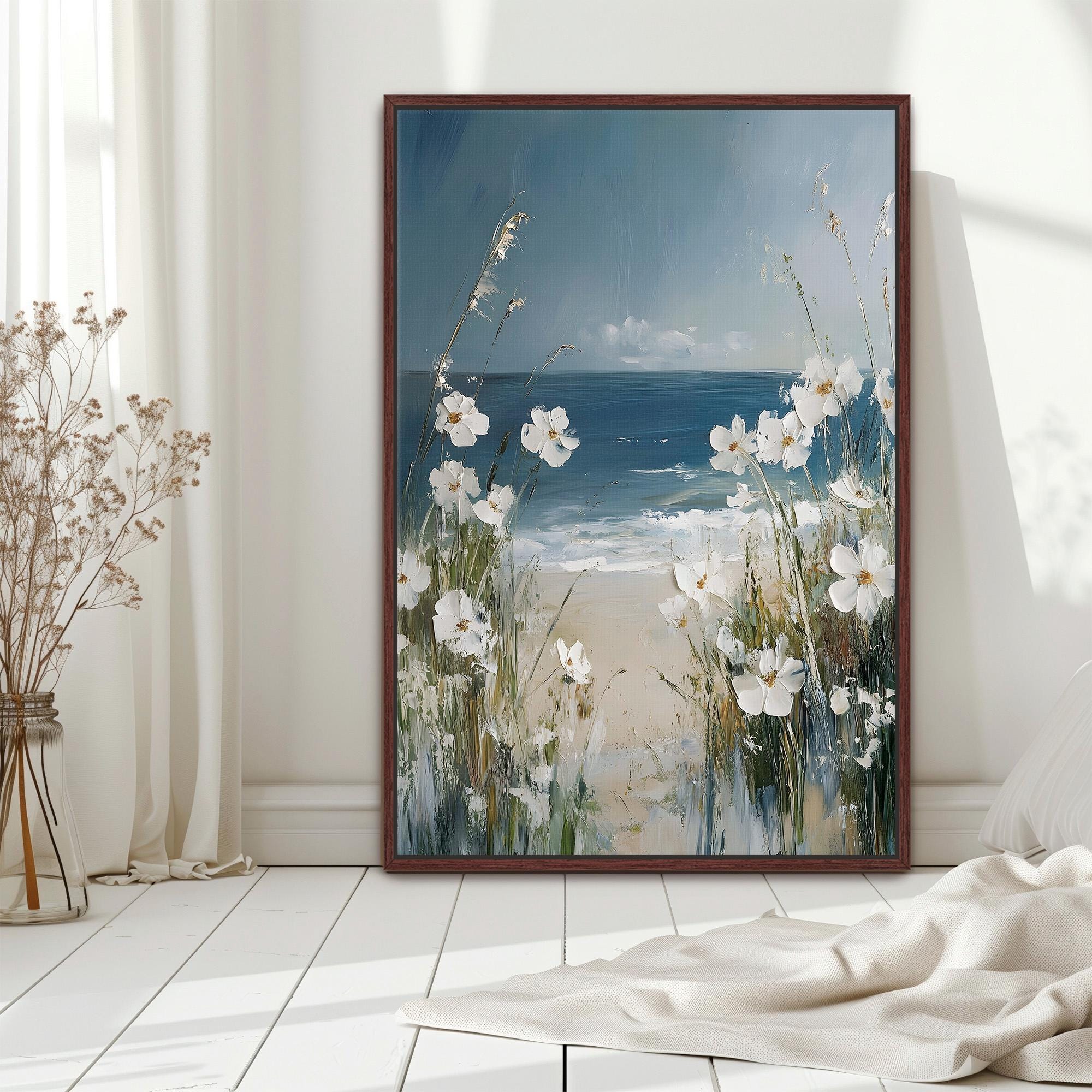 Coastal Wildflowers Framed Canvas Wall Art, Beach Landscape With White ...
