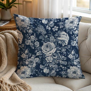 Blue and White Floral Toile Square Pillow Cover, Throw Pillow Cover, French Country Farmhouse Home Decor,  Accent Pillow Floral Pillowcase