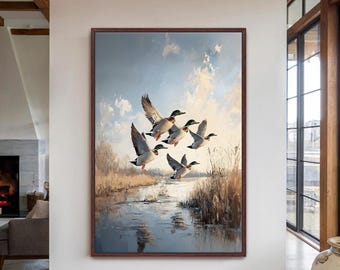 Mallard Ducks in Flight Framed Canvas Wall Art, Nature & Wildlife Print on Canvas for Cabin, Lodge or Farmhouse Decor, Duck Hunter Gift, 030